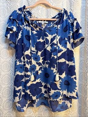 Rose & Olive Blue Floral Tassel V-Neck Blouse